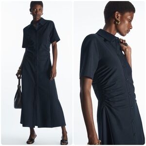 COS Contemporary Gathered Midi Button Down Shirt A-line Dress Charcoal Black Lg